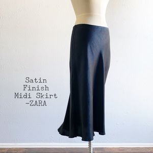 NWT Black Satin Finish Midi Skirt by ZARA sz L